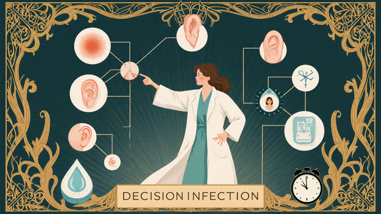 Art Nouveau decision tree with a doctor pointing to infection and patient factor icons for choosing antibiotics.