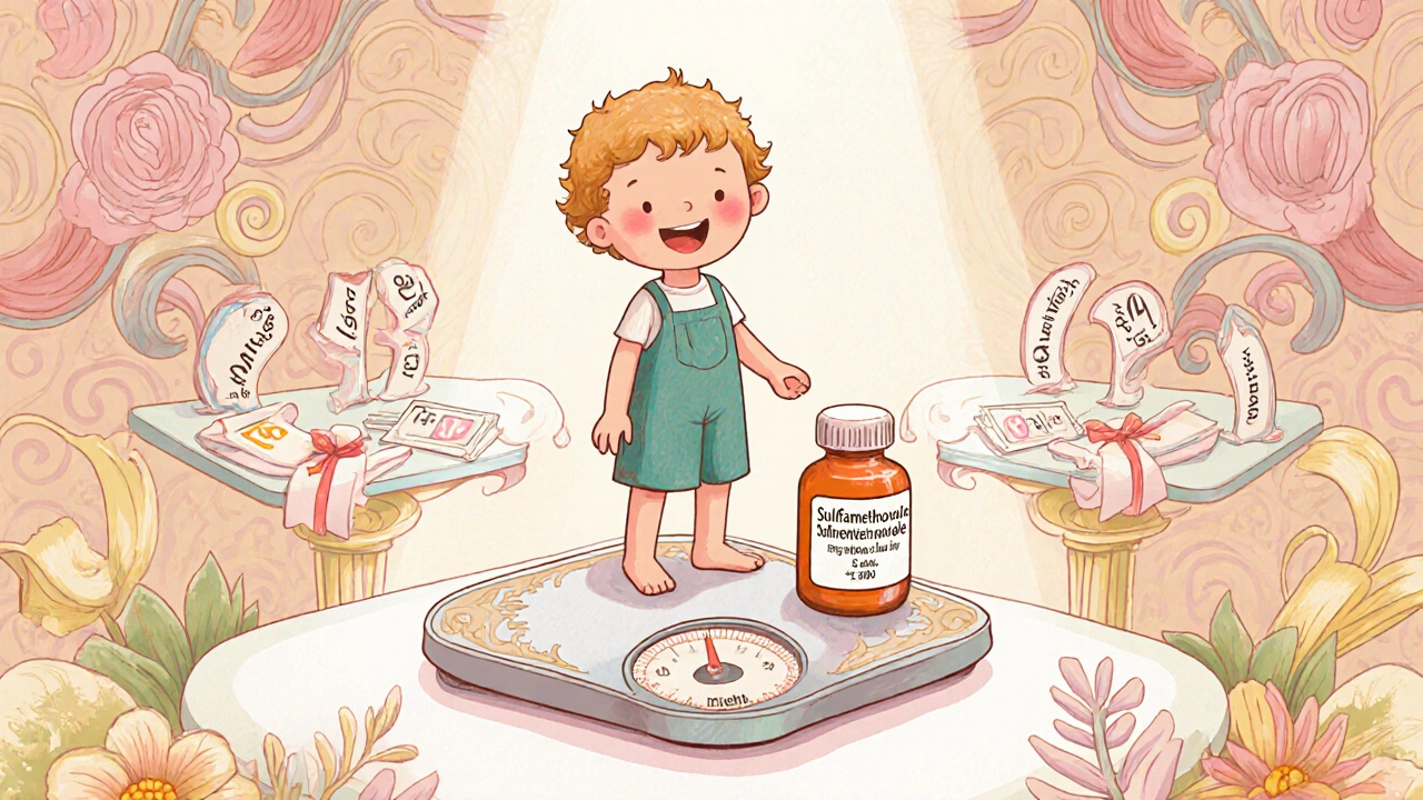 Art Nouveau illustration of a child on a scale with weight‑based dosing cards.