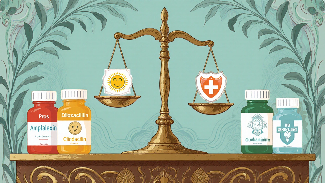 Art Nouveau illustration of various antibiotic bottles on a pharmacist’s desk with a balance of pros and cons.