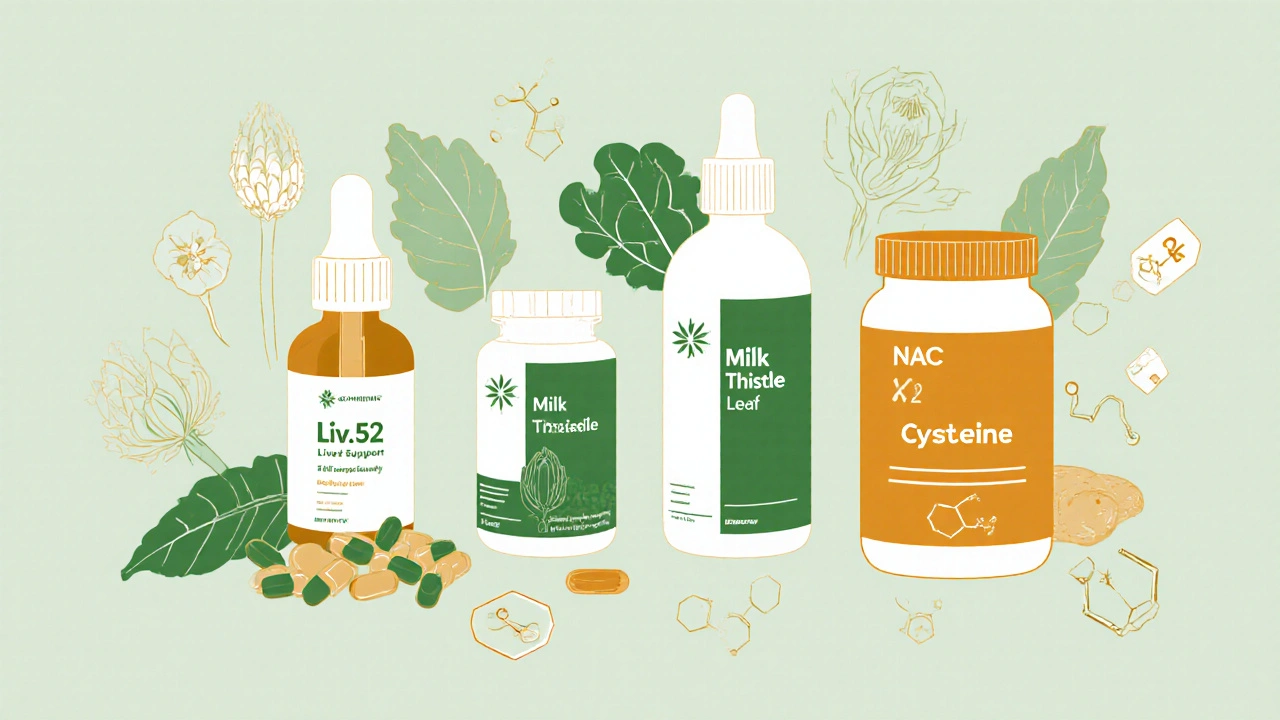 Assortment of liver‑support supplements with their key plant illustrations arranged on a pastel background.