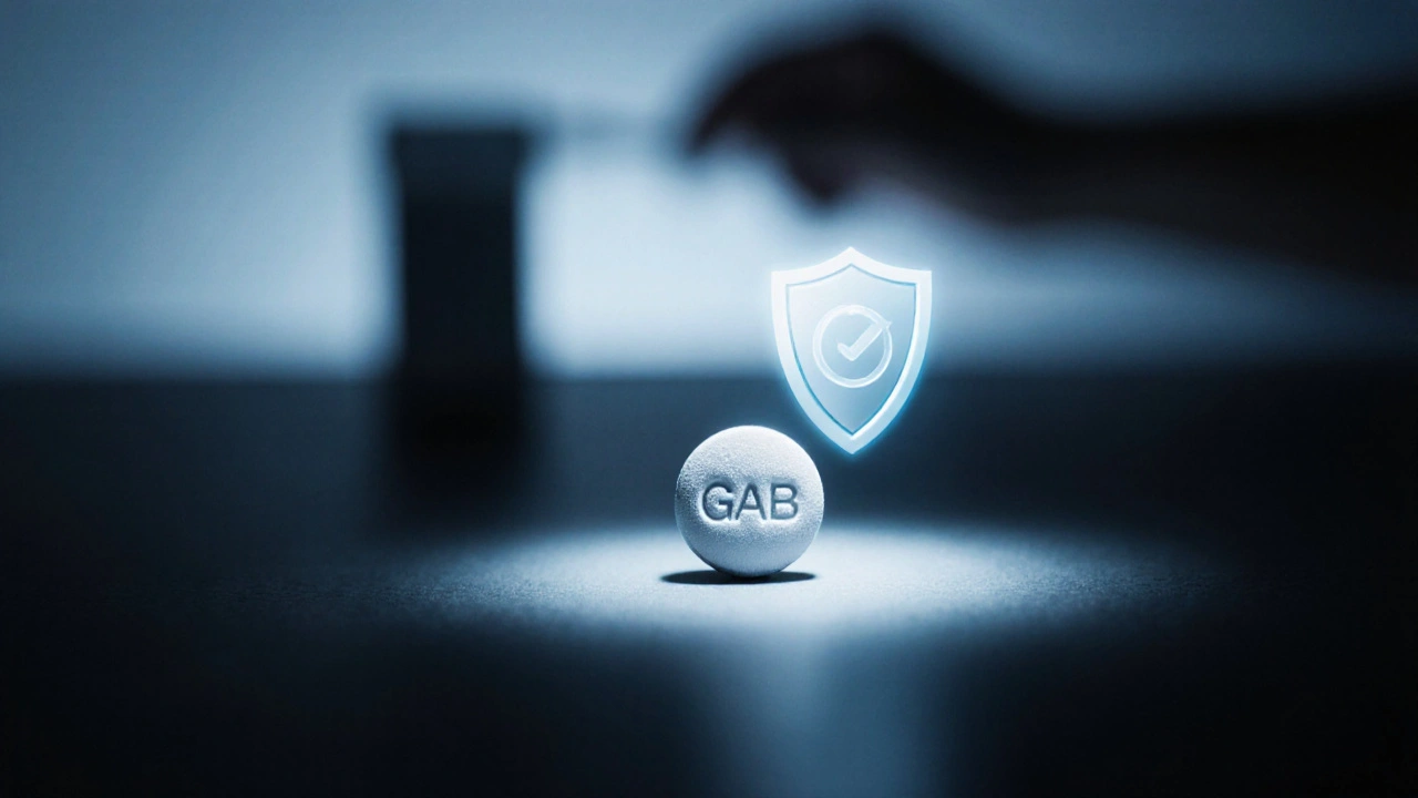Close‑up of gabapentin tablet with imprint and safety shield overlay.