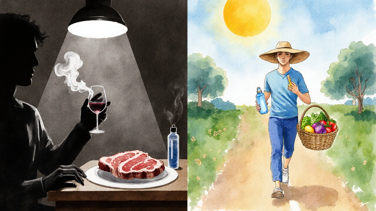 Contrasting scenes of unhealthy habits and healthy choices promoting cancer prevention.
