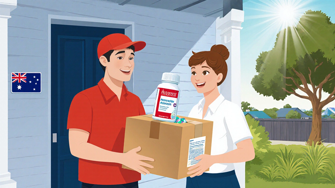 Courier delivering a package with generic Lipitor bottle to a customer in Perth.
