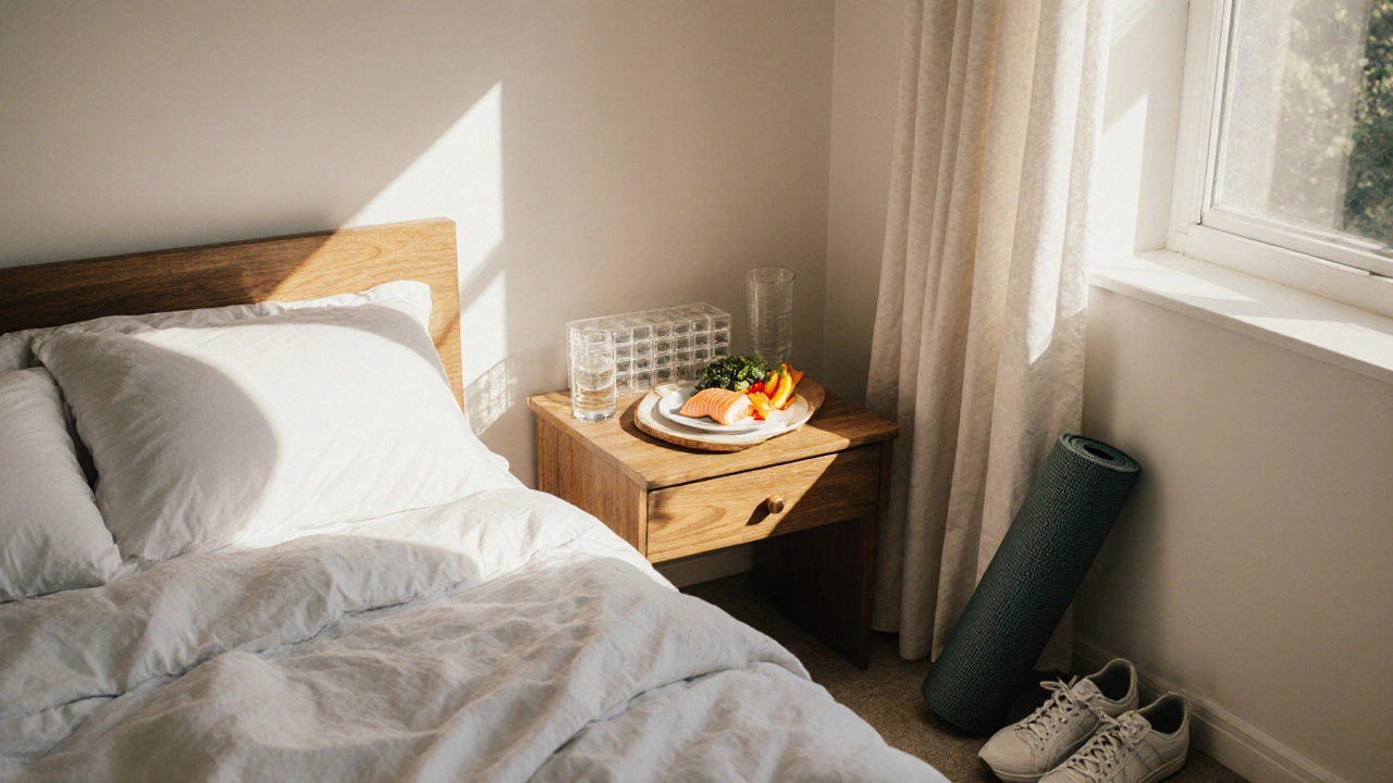 Cozy bedroom scene with sleep, healthy meal, exercise gear, and medication organizer representing self‑care pillars.