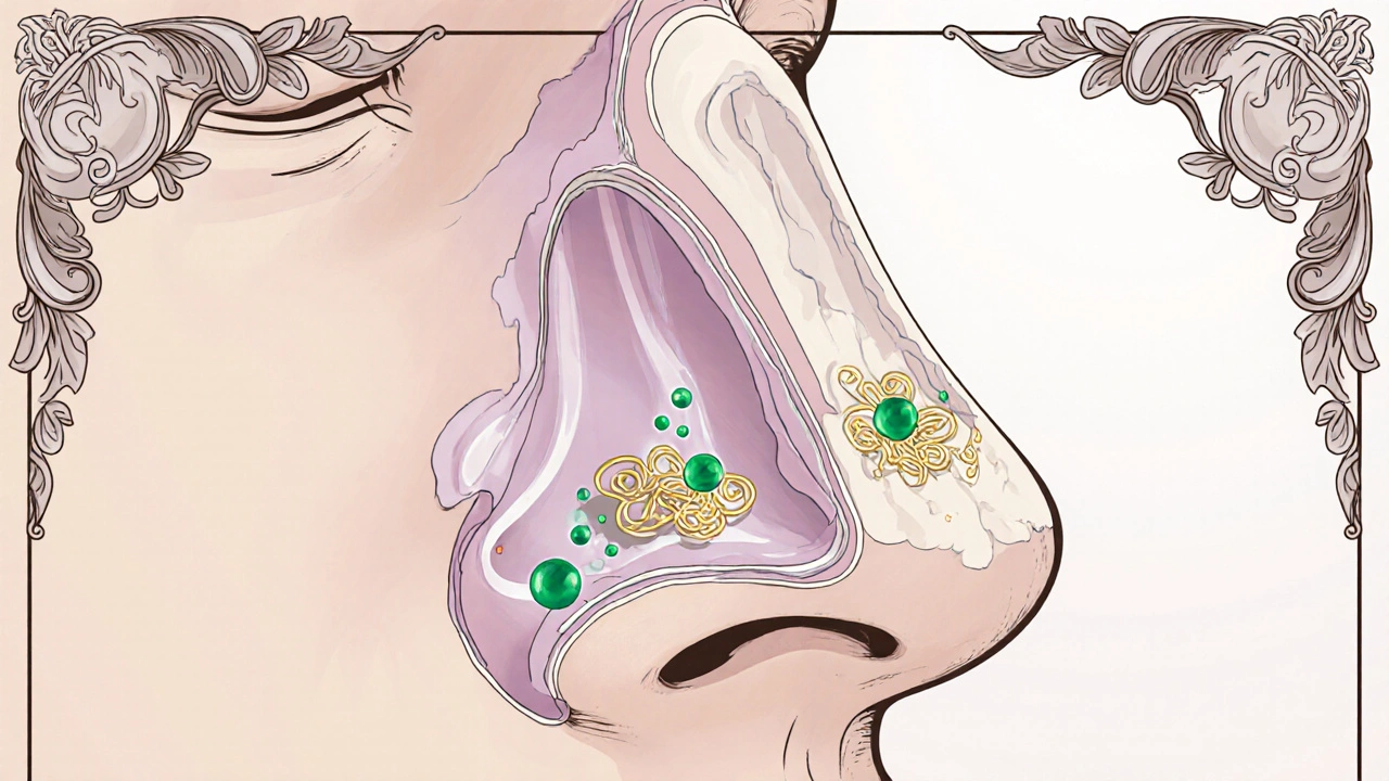 Cross‑section of a nose showing budesonide mist binding to receptors with decorative Art Nouveau details.