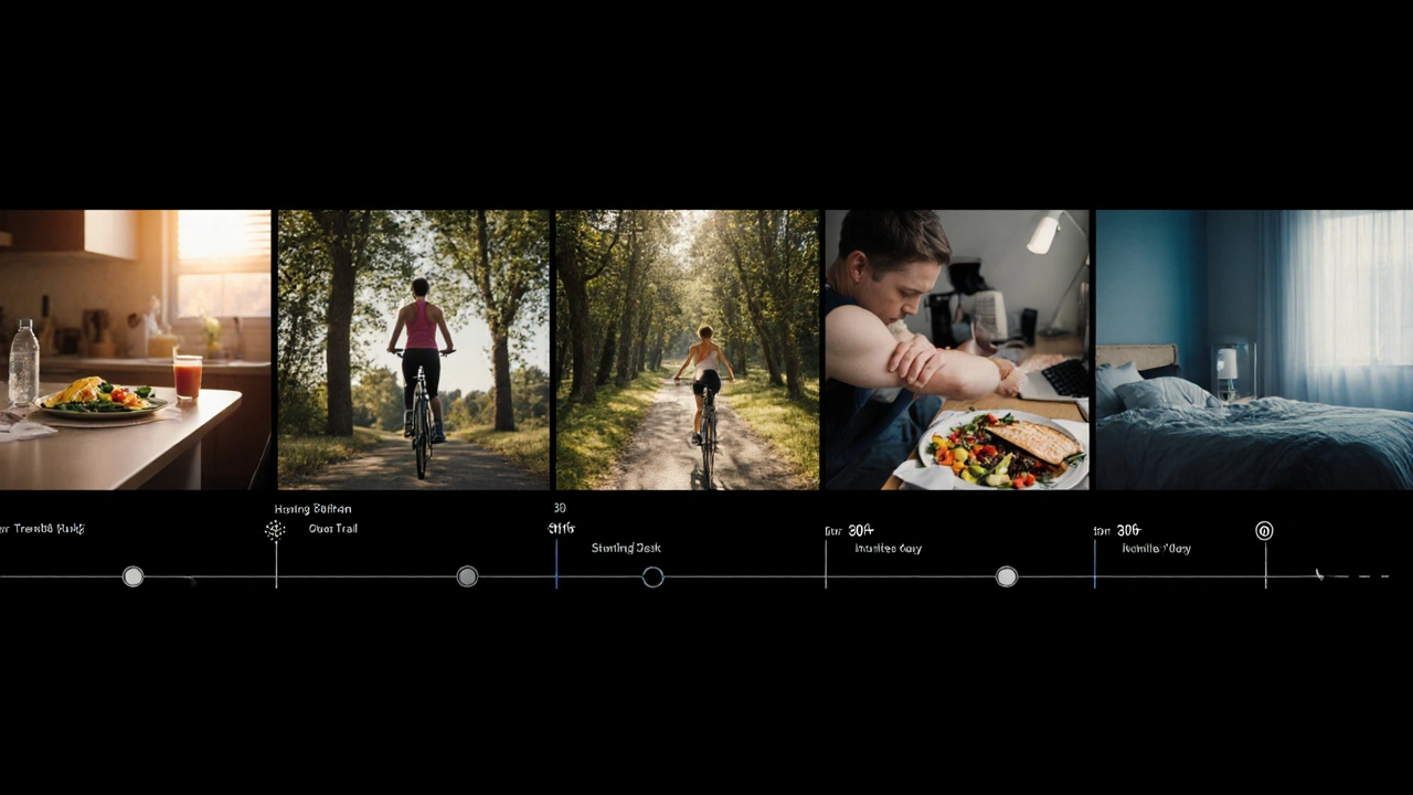 Daily routine collage showing exercise, sunscreen, healthy meals, and relaxation.
