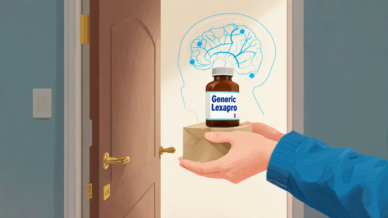 Delivery scene with a person checking a generic Lexapro bottle near a doorway.
