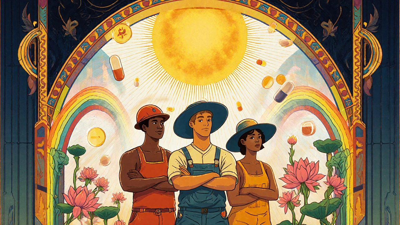 Diverse people in sun-protective clothing under a stained-glass sun, surrounded by natural symbols of defense.
