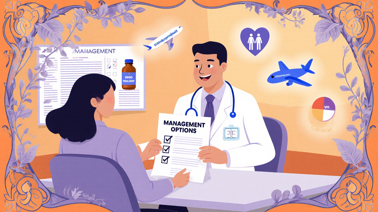 Doctor giving patient a checklist of treatment options surrounded by Art Nouveau elements.