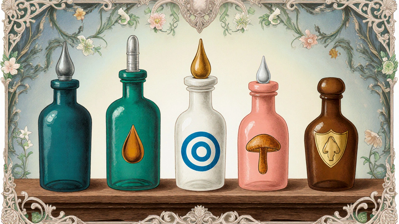 Five decorative eye‑drop bottles on a vintage counter, each with icons indicating type.