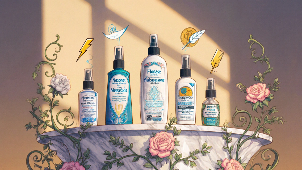 Five nasal spray bottles displayed on a pedestal with icons for potency, onset, and price in Art Nouveau style.