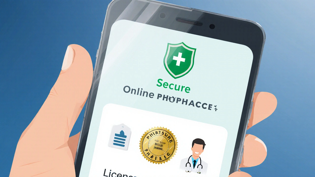 Hand holding phone showing secure pharmacy verification icons.