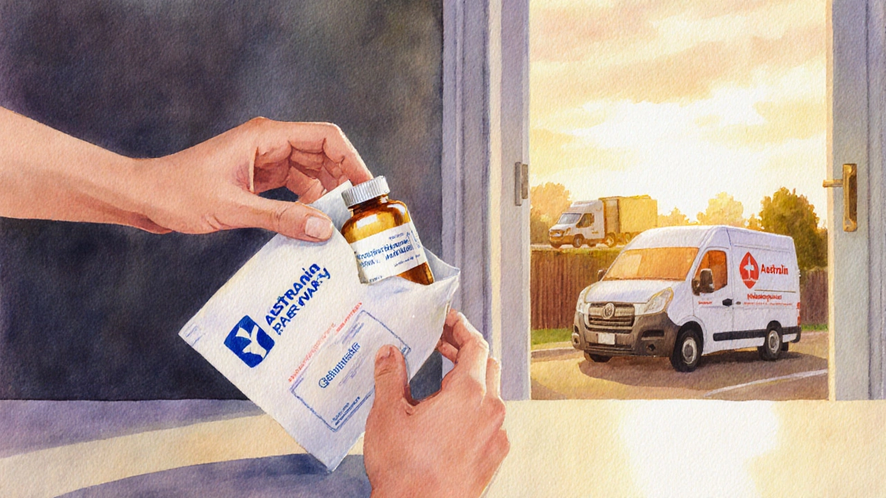 Hands opening a parcel with rosuvastatin bottle, Australian postal van in the background.