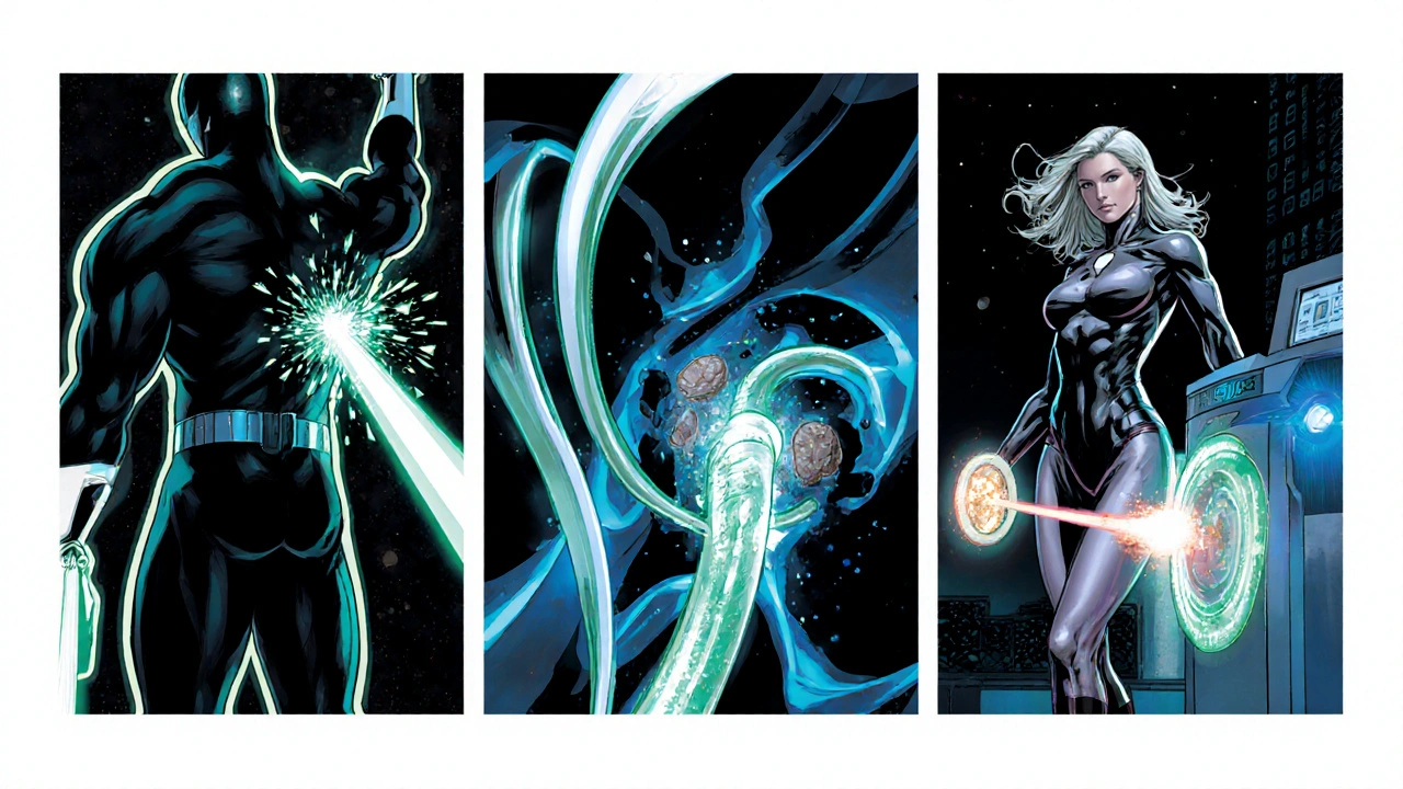 Heroic comic panels depict PCNL, ureteroscopy, and shock wave lithotripsy as action scenes.