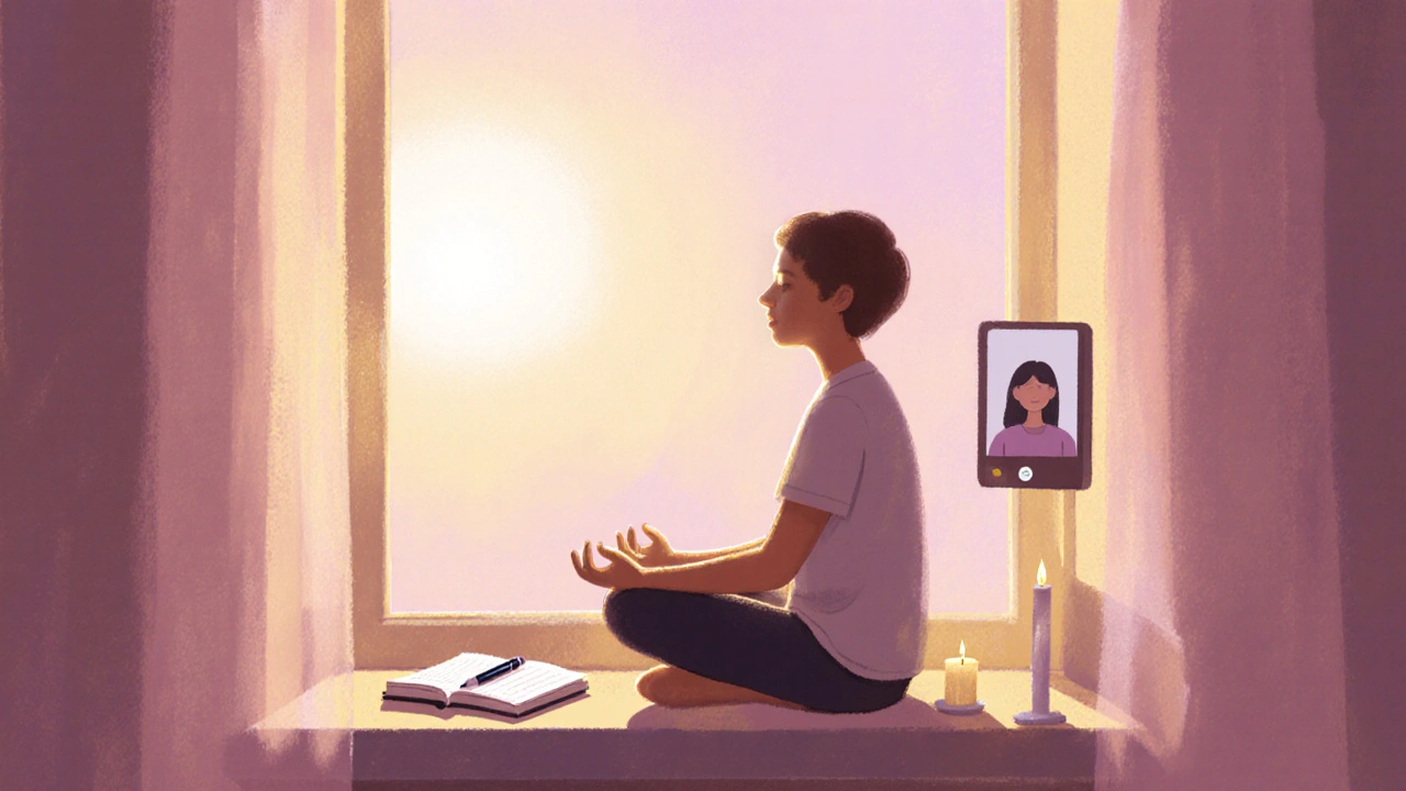 Individual meditating by a sunlit window, holding a journal, reflecting self‑compassion practice.