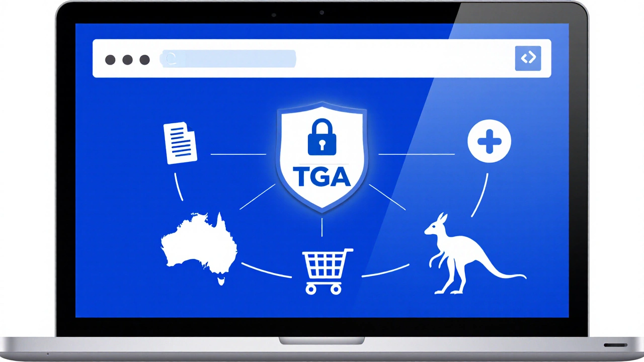 Laptop screen with secure checkout, TGA badge, and prescription icons in a flat illustration.
