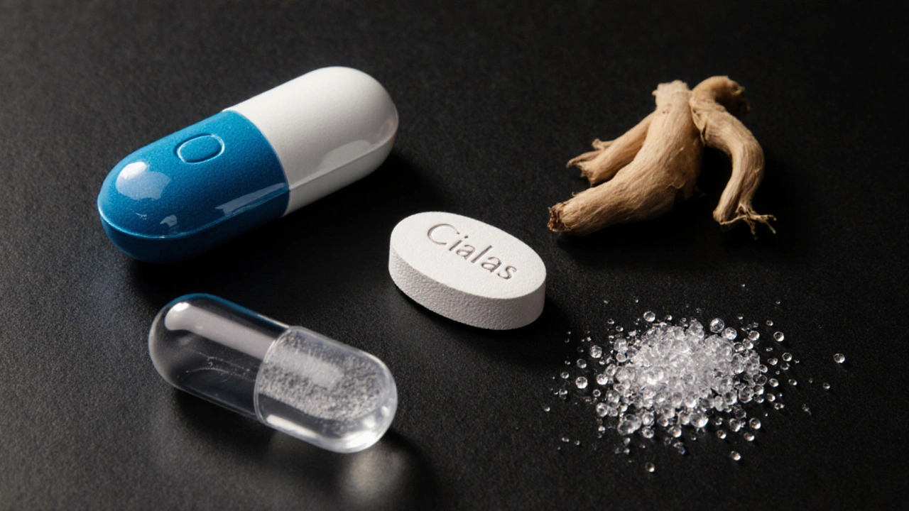 Macro view of different ED medication forms: tablet, capsule, effervescent powder in water, and herbal supplements.