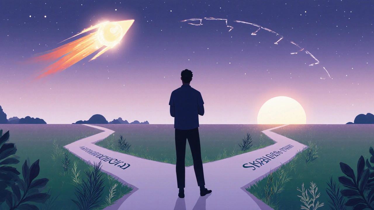 Man silhouette choosing between three paths symbolizing fast onset, long duration, and natural options.
