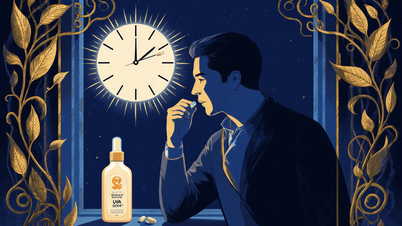 Man taking antibiotic at night, moonlight shielding him from harmful sun rays, sunscreen bottle glowing nearby.