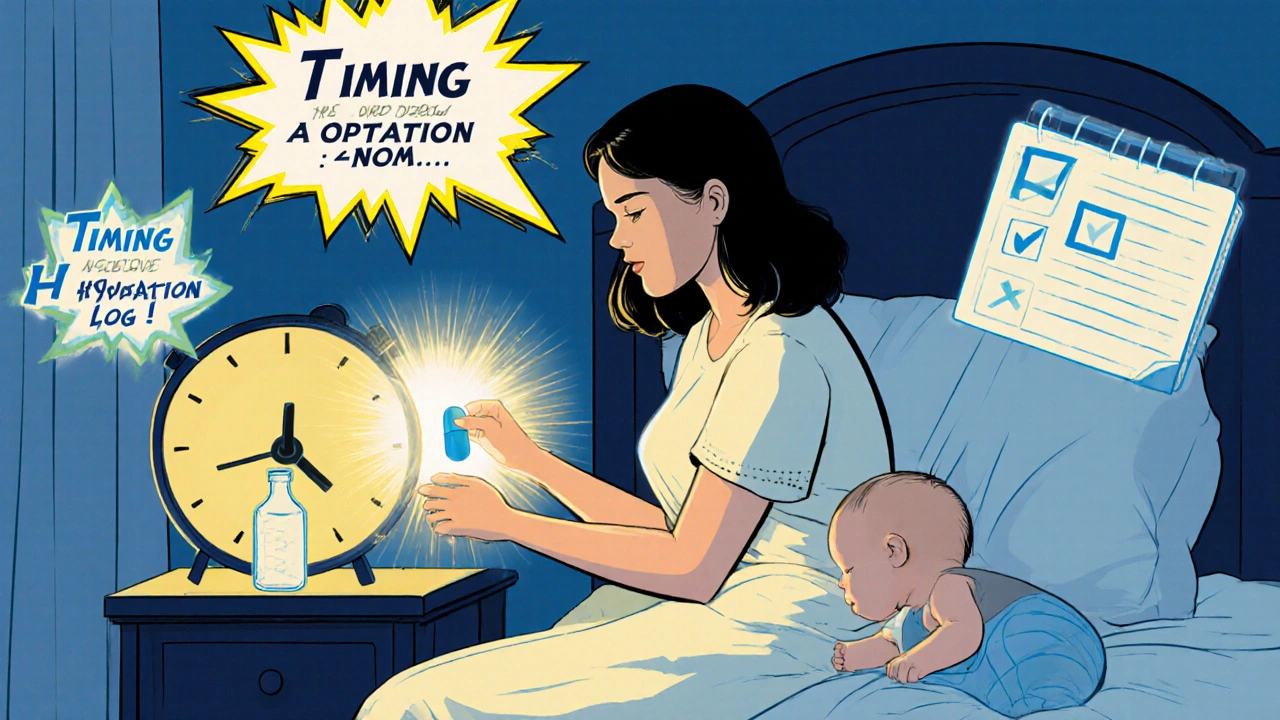 Nursing mom follows dosing tips with pill, timer, water, and log.