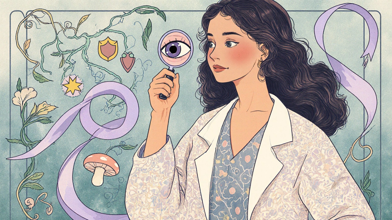 Ophthalmologist examining an eye with a magnifying glass, surrounded by flowing Art Nouveau ribbons.