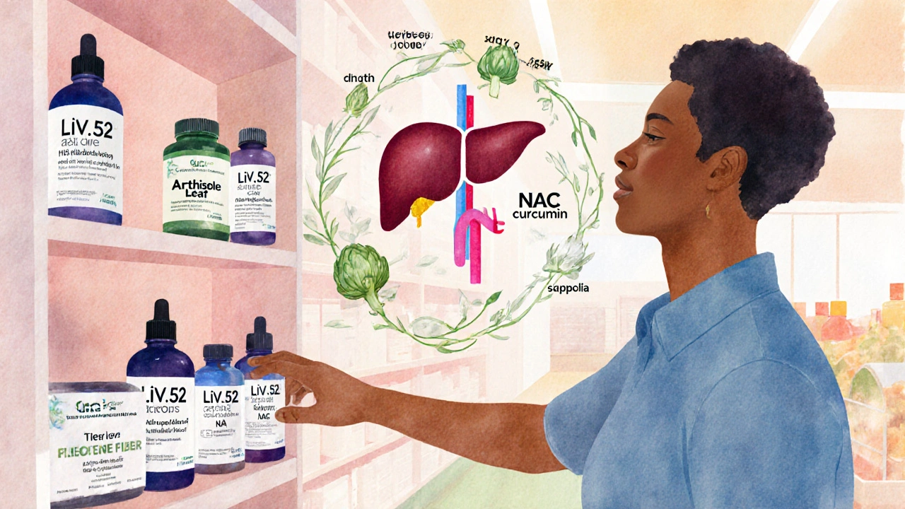 Person selecting liver supplements in a health store, with a subtle liver‑and‑gut illustration behind them.