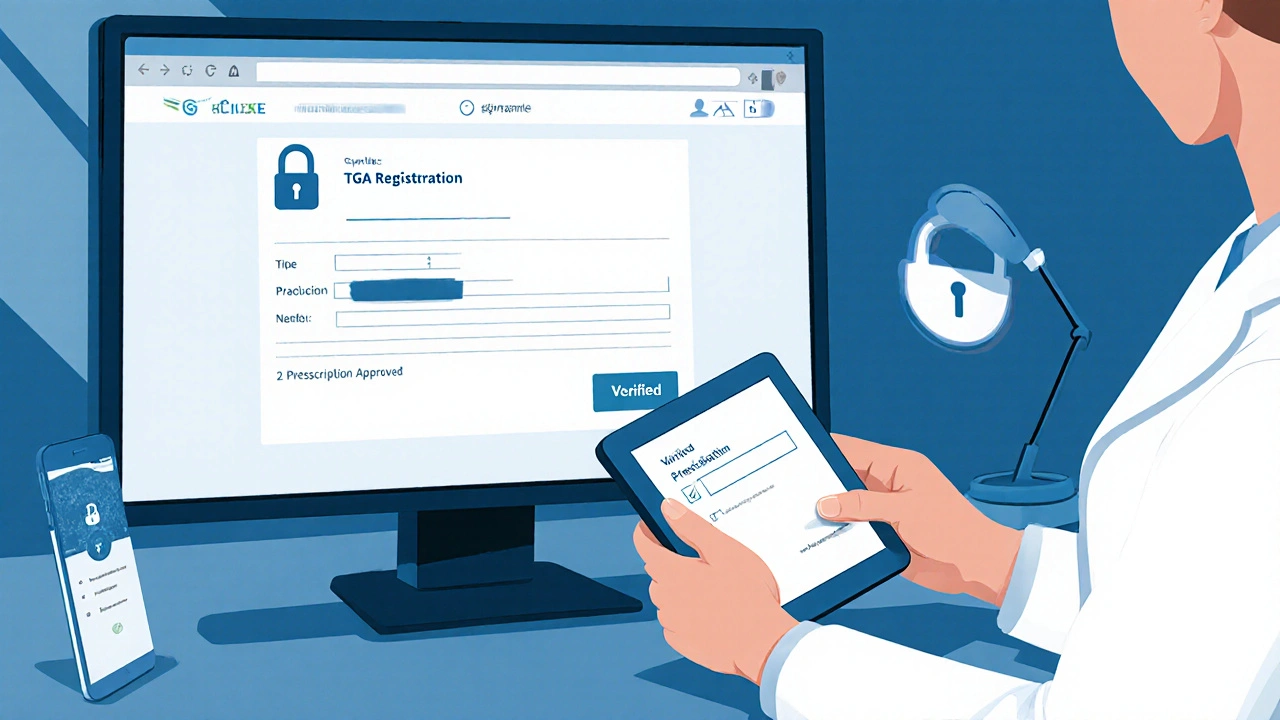 Pharmacist reviewing digital prescription on tablet with security icons displayed.
