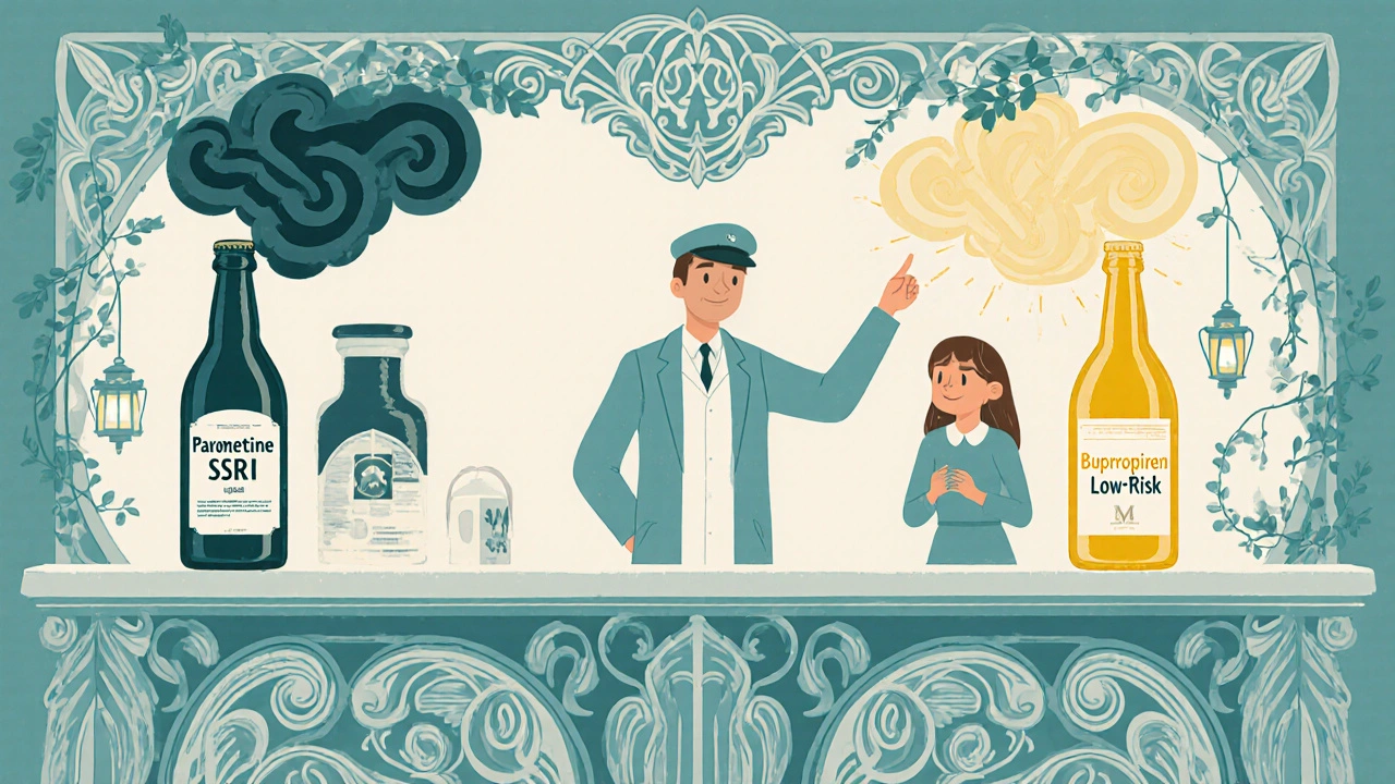 Pharmacy counter showing Paroxetine cloud and Bupropion light with decorative Art Nouveau borders.