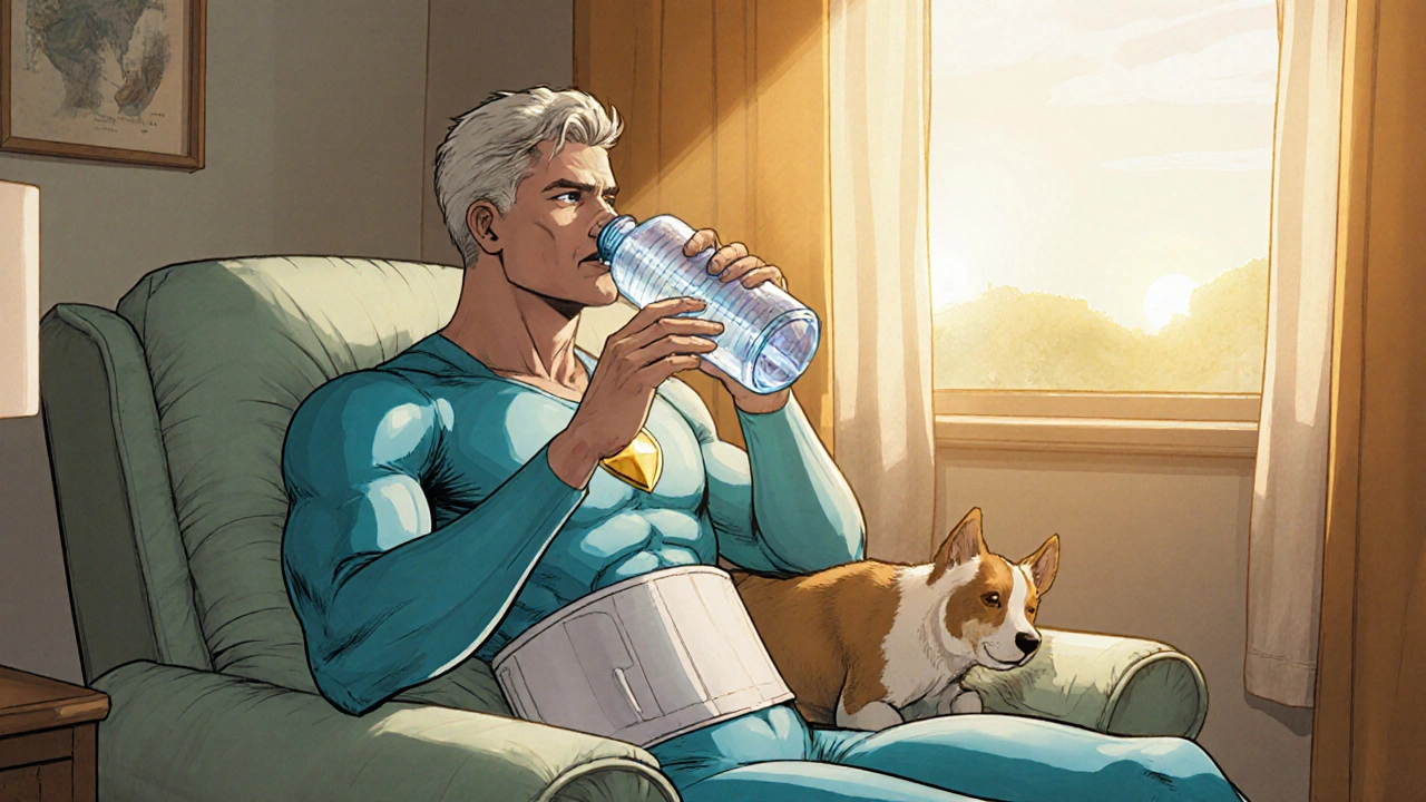 Recovering patient as a superhero drinks water at home, surrounded by supportive gear.