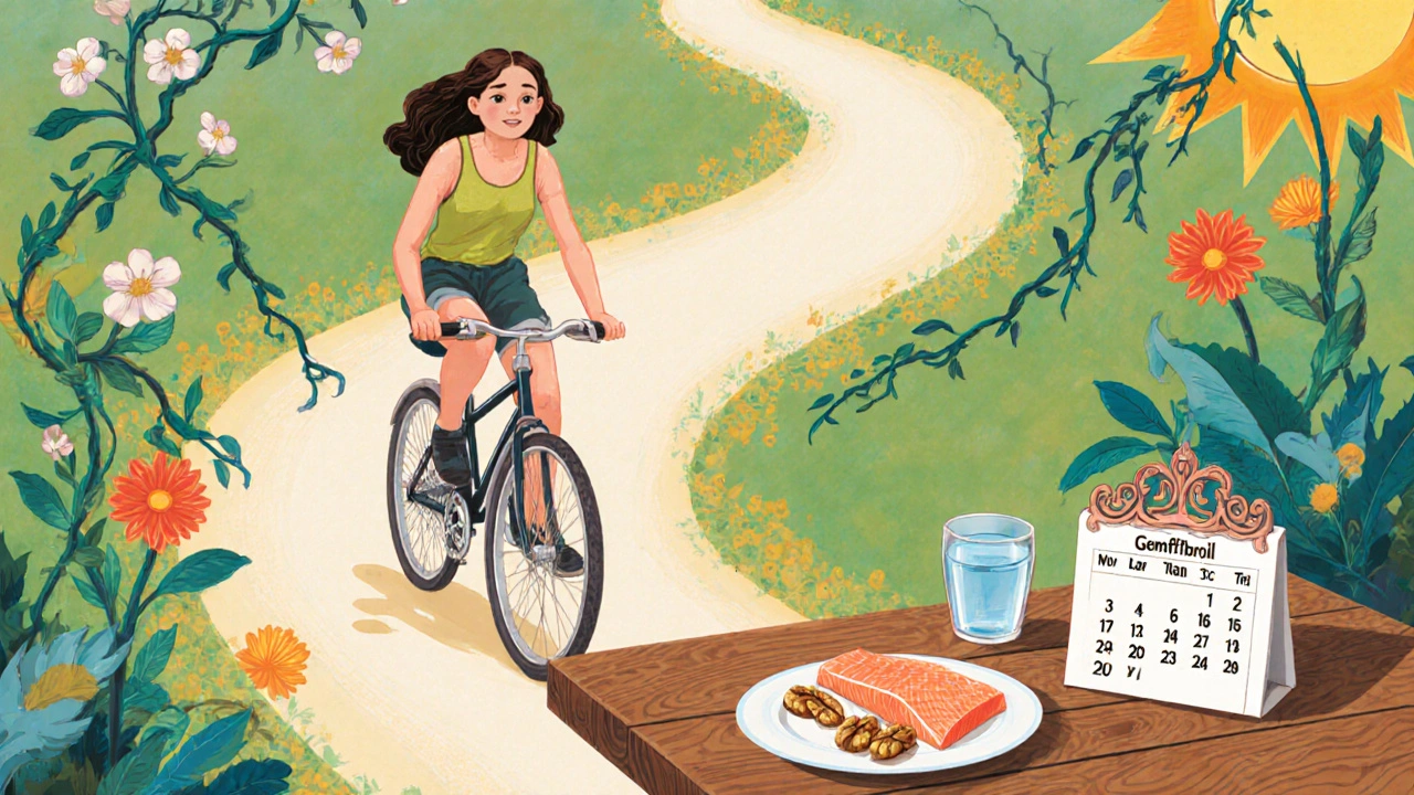 Teen riding a bike with healthy food and a medication tablet nearby.