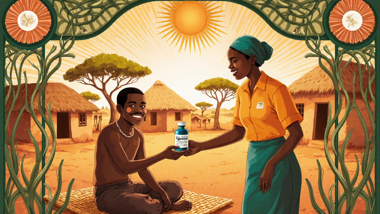 Ugandan health worker giving generic indinavir to a patient in a sunny village clinic.