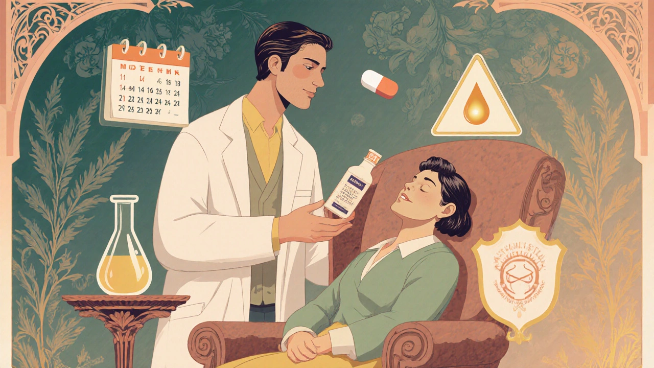 Vintage-style scene of doctor giving lenalidomide to patient, with icons for monitoring and safety.
