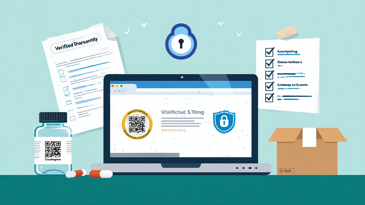 Workspace illustration showing checklist items for verifying a legitimate online pharmacy.