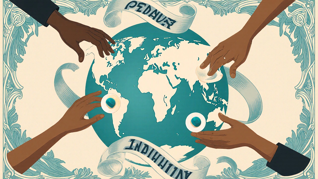 World map with diverse hands offering indinavir capsules, Art Nouveau decorative ribbons.