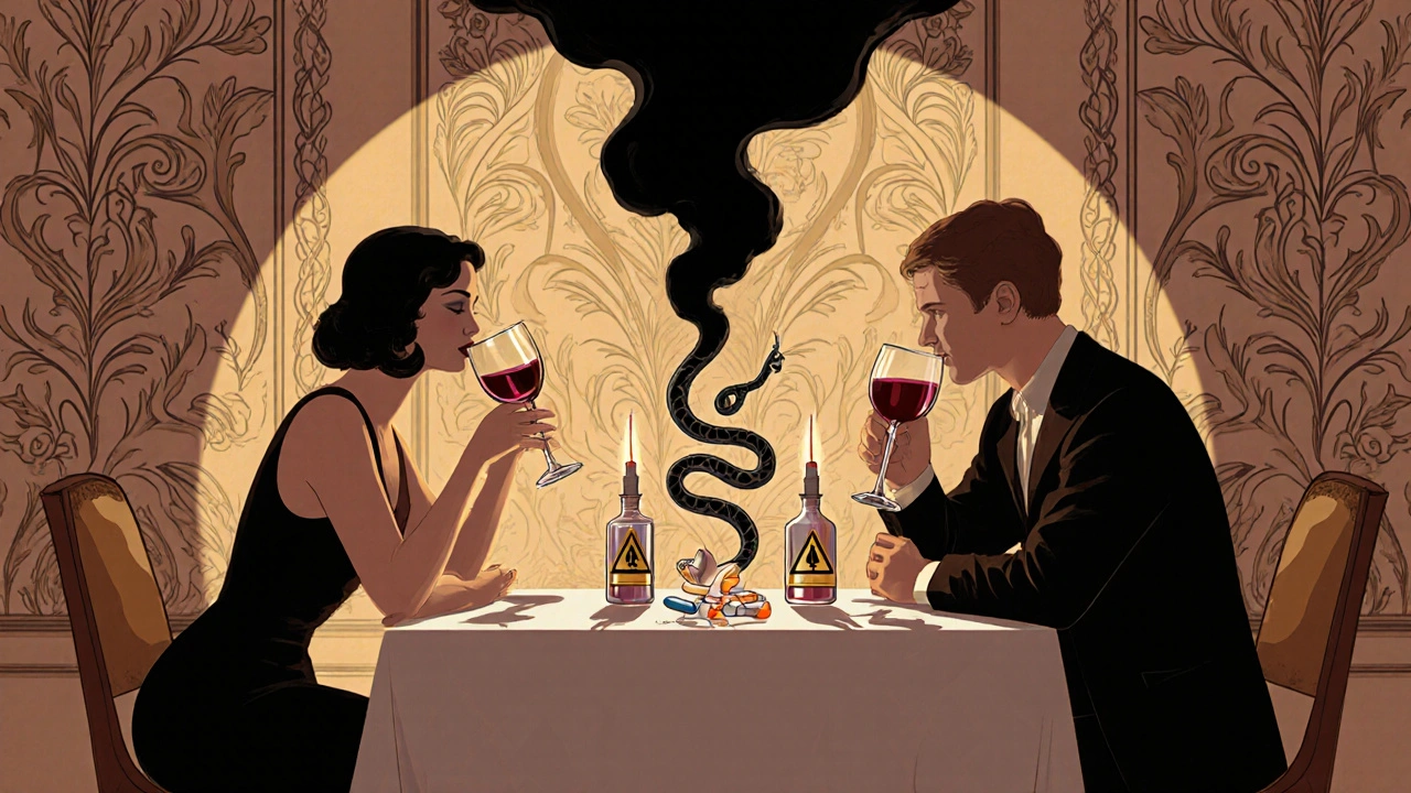 A dinner scene where shadows show ethanol serpents choking medication vials, illustrated in Art Nouveau style.