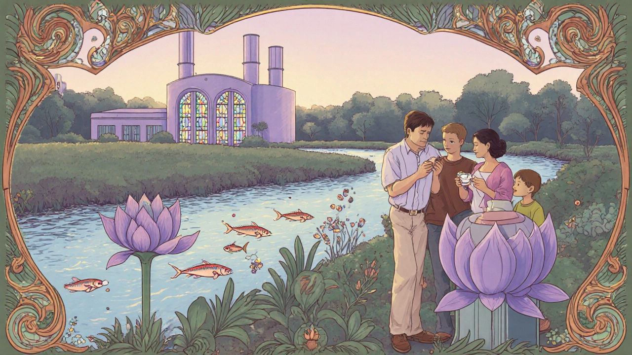 A family deposits pills into a lotus-shaped take-back bin as a clean river flows behind them, surrounded by molecular vines.