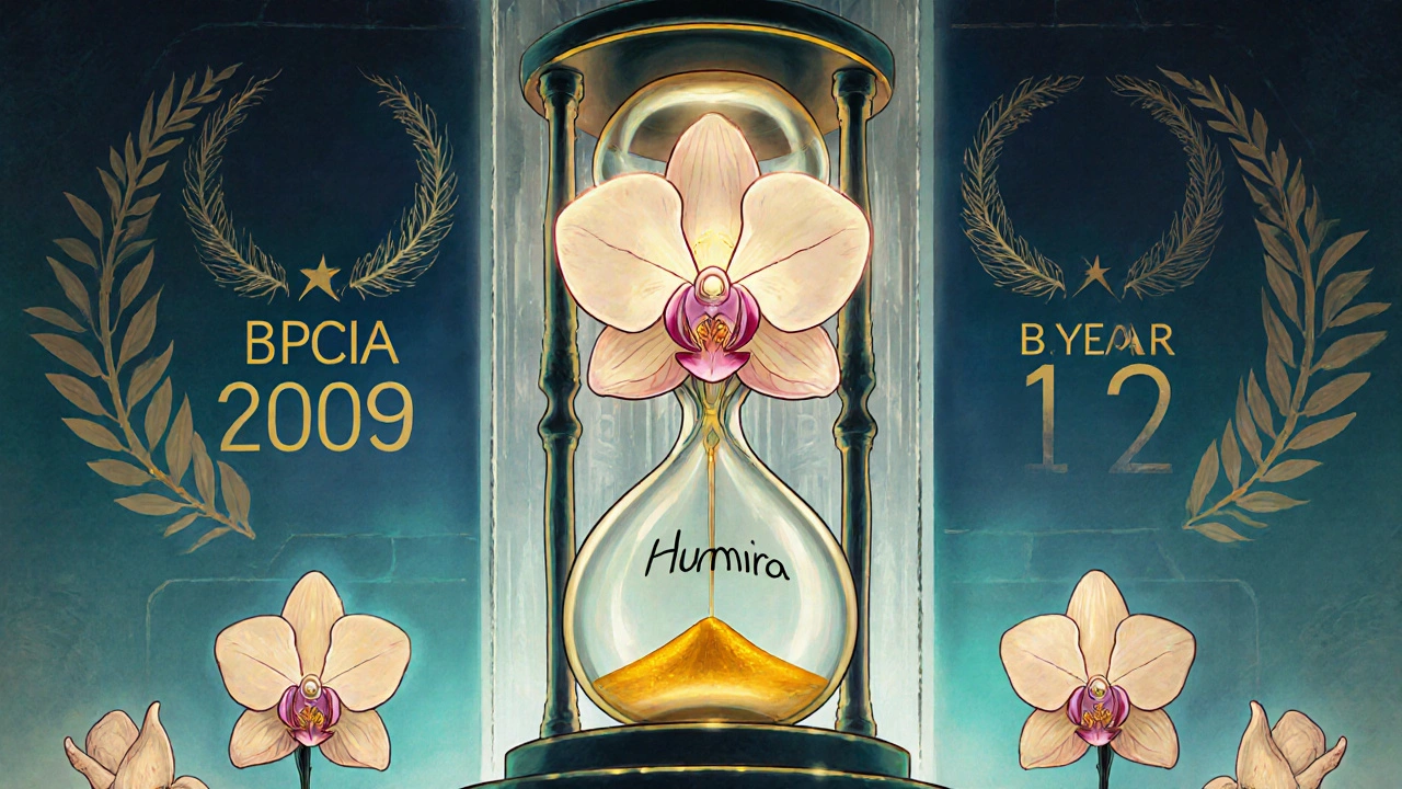 A glowing biologic molecule shaped like an orchid stands protected by a 12-year hourglass, with biosimilar flowers blocked by a legal wall.