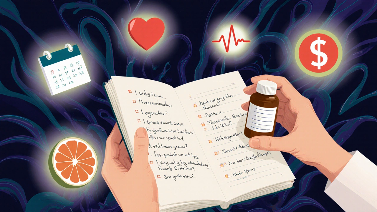 A hand holds a pill bottle beside a notebook with questions, surrounded by glowing icons representing medication safety.