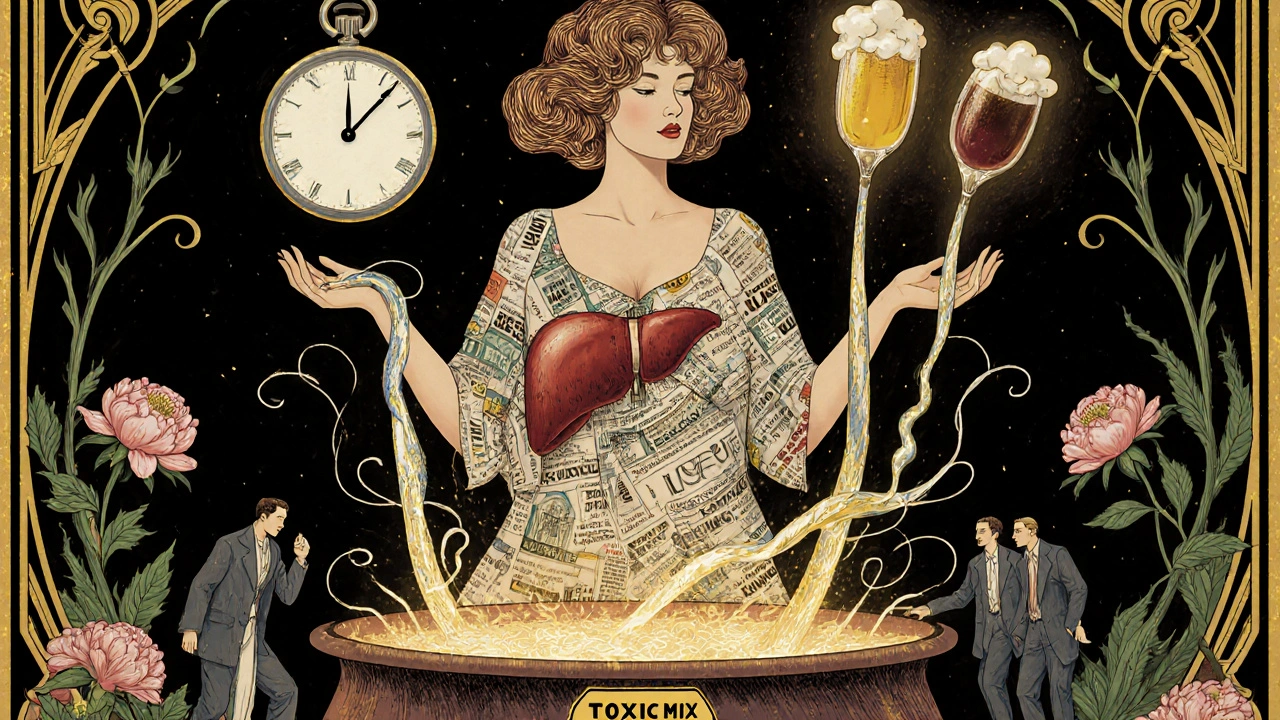 A liver goddess with ethanol hair pouring drinks into a toxic cauldron, surrounded by warning symbols in Art Nouveau style.