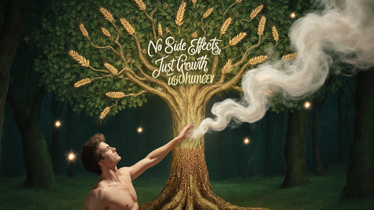 A man reaches toward a tree with hair follicle leaves and barley roots, symbolizing natural hair regrowth with glowing fireflies around his temples.