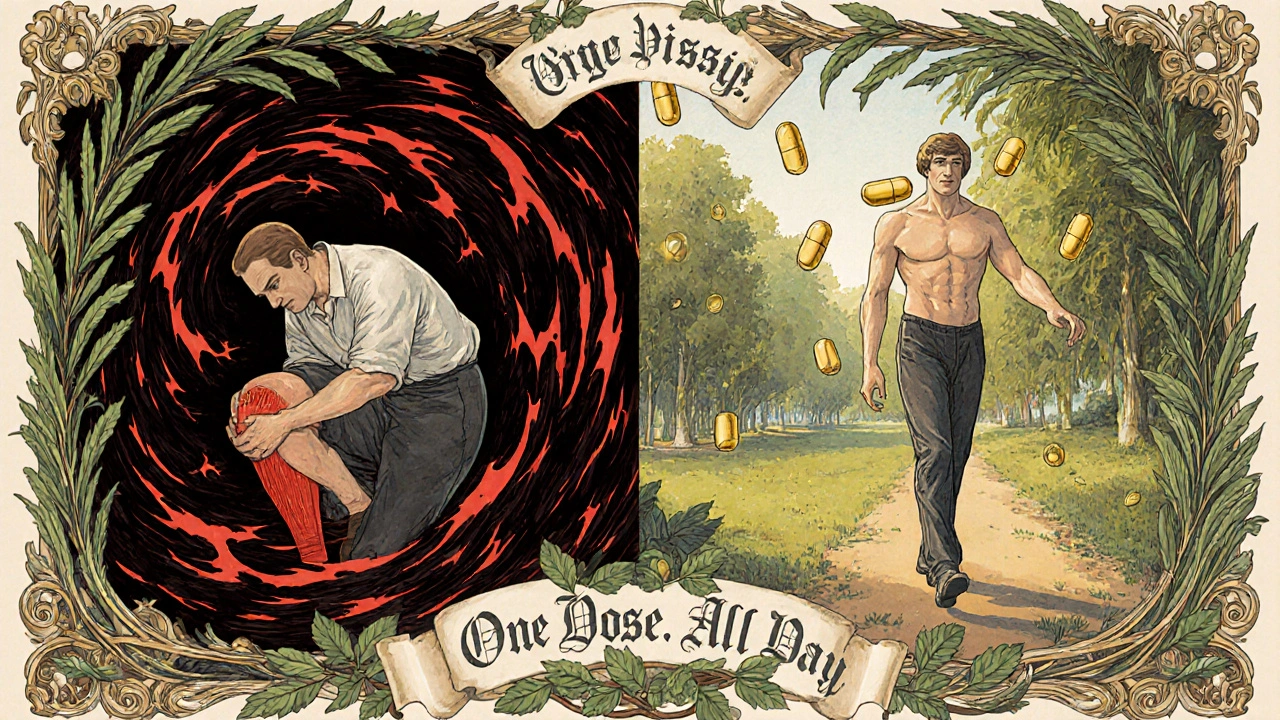 A man transformed from pain to freedom, framed by ornate botanical motifs and floating capsules.