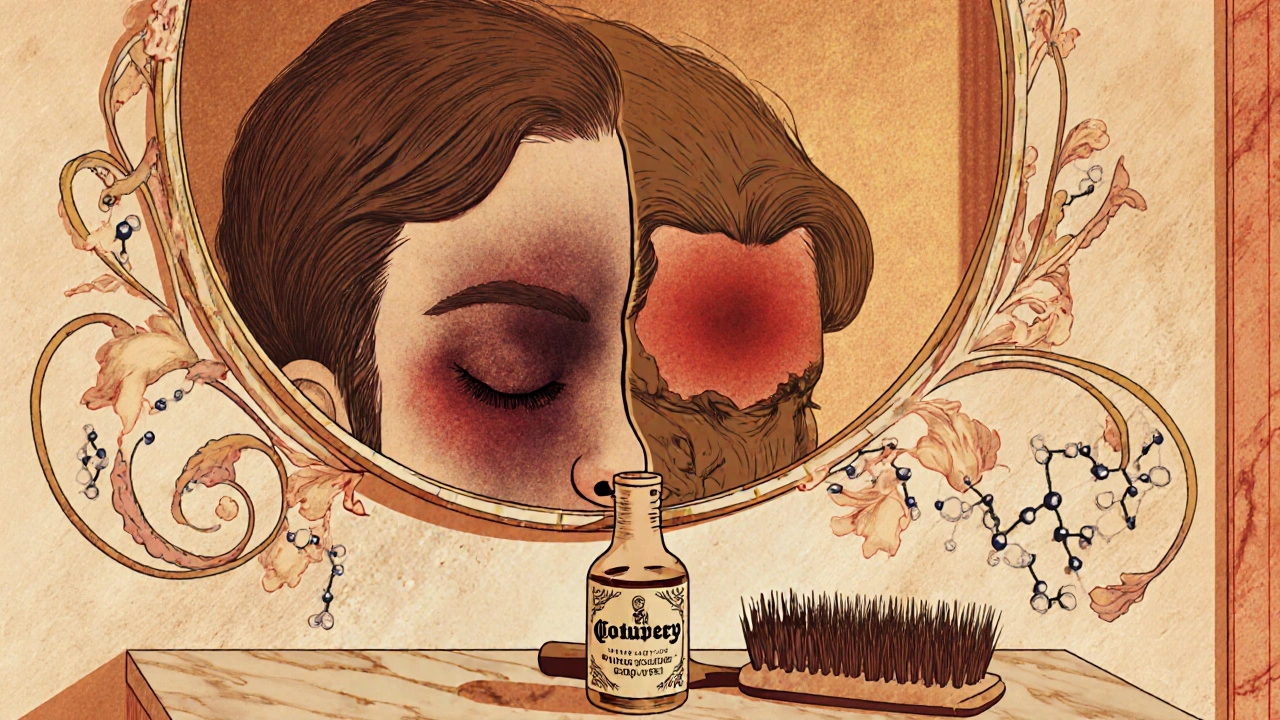 A mirror shows scalp improvement from thinning to regrowth, framed by organic patterns and a bottle of azelaic acid on a marble table.