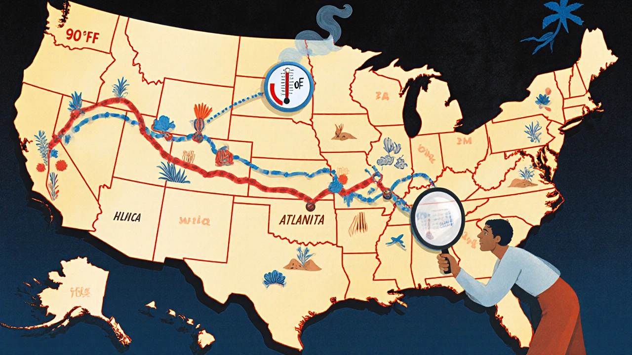 A patient examines a glowing U.S. map showing a medication’s journey, with a warning of heat damage in stylized flora.