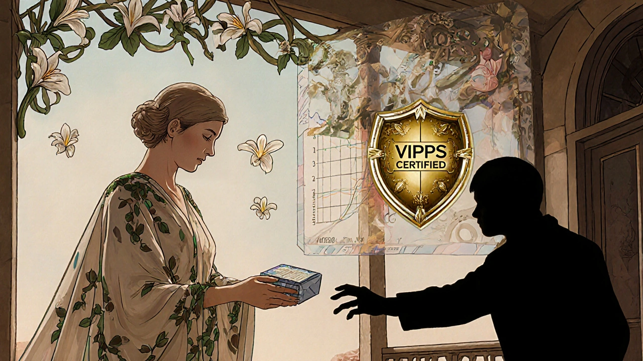 A pharmacist hands a secure package to a patient under a floral canopy, with digital tracking visible as stained glass.