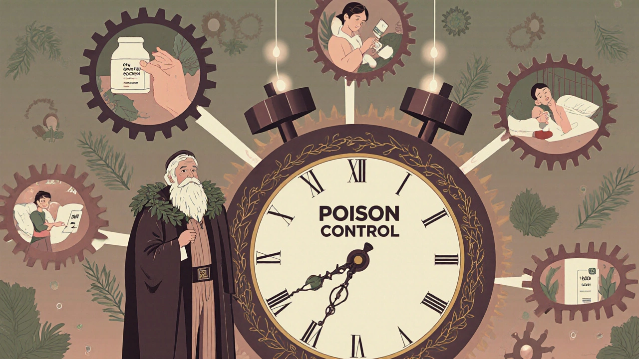 A pharmacist stands beside a clockwork poison control device, with light connecting to homes and pill bottles forming gears.