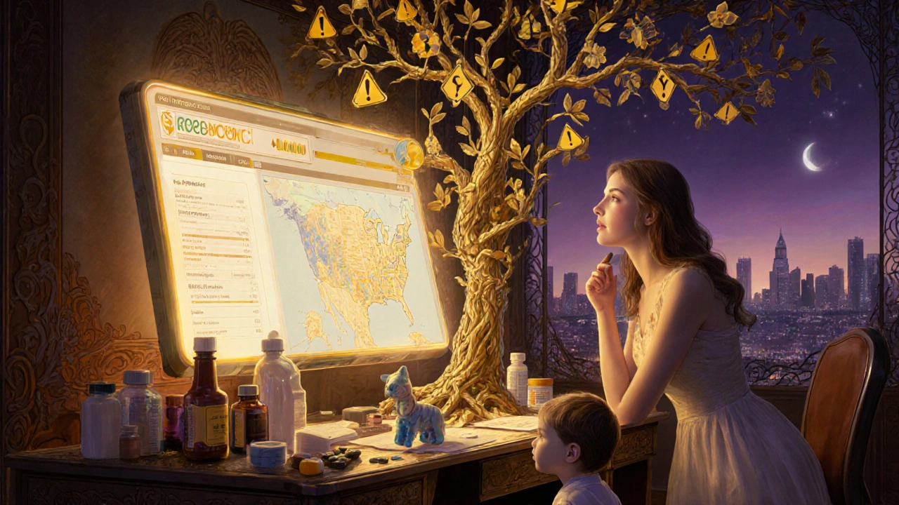 A specialist listens as golden vines map drug interactions from a glowing web interface on a cluttered desk.
