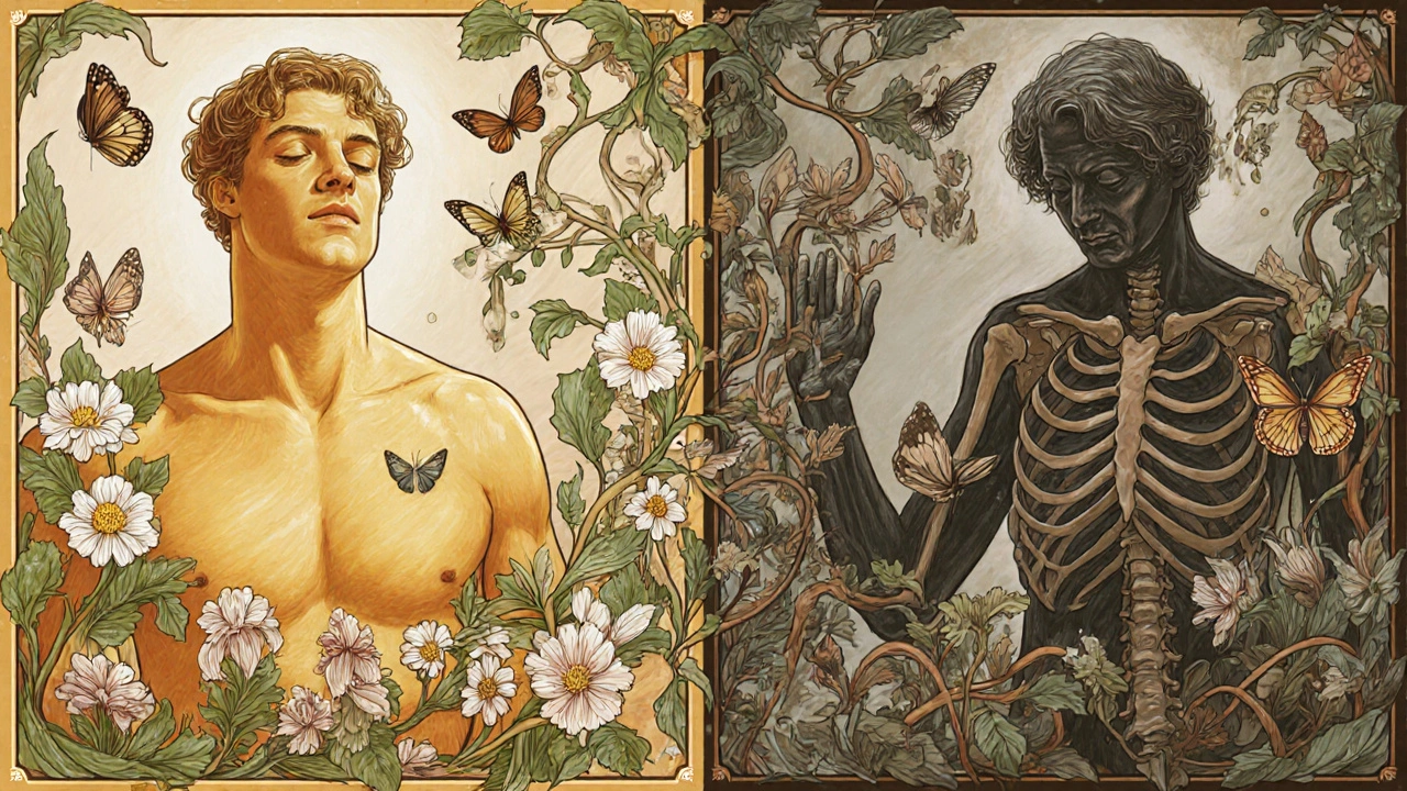 A split illustration showing health and side effects of corticosteroids, connected by a vine transitioning from gold to gray, with butterflies representing biologics and crumbling bones.
