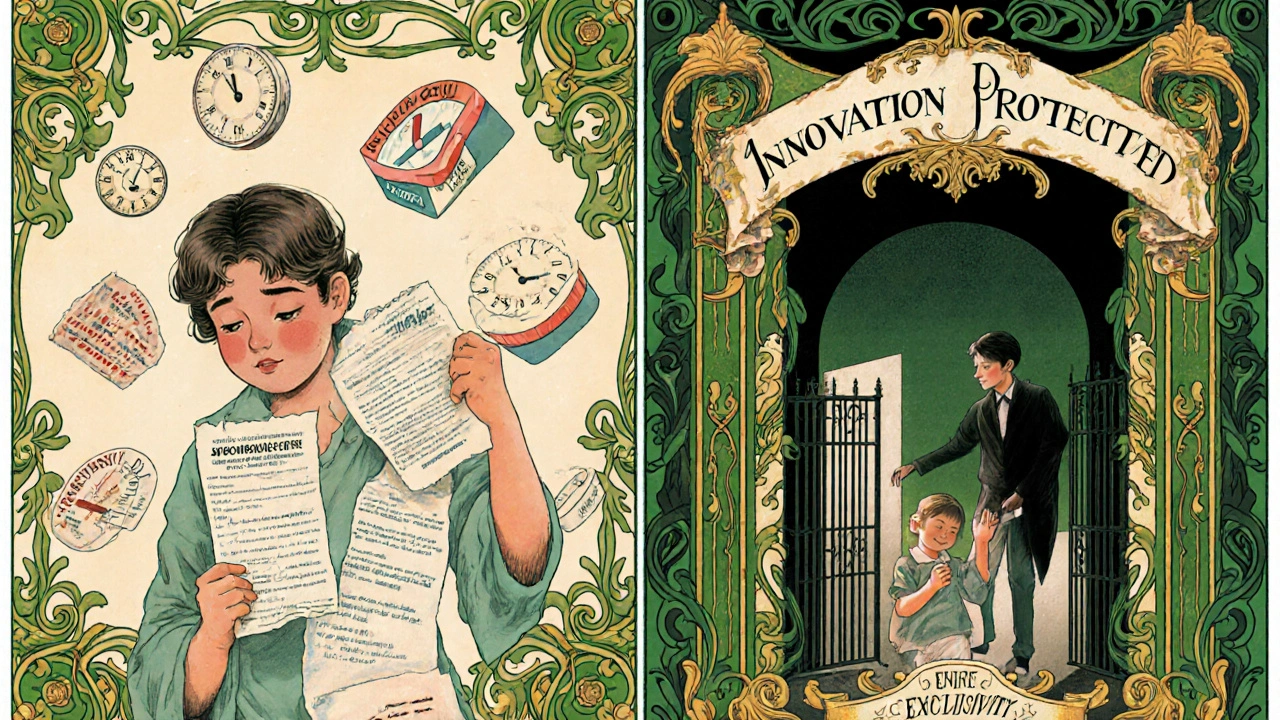 A split scene: a patient struggles with high drug costs while a child is treated, separated by a wall labeled &#039;Exclusivity&#039; in flowing Art Nouveau style.