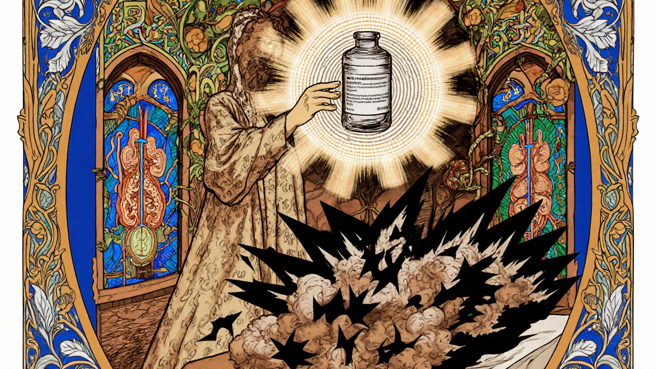 A stylized emergency scene where a doctor holds a corticosteroid vial, its light calming inflammatory symbols over kidneys, framed by ornate vines and stained-glass organs.