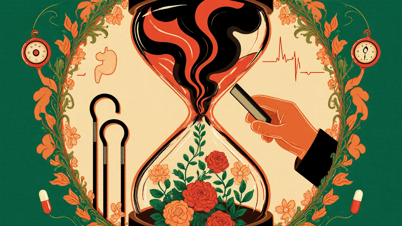 An hourglass showing risks on top and healing below, with a hand placing a tablet in the center.